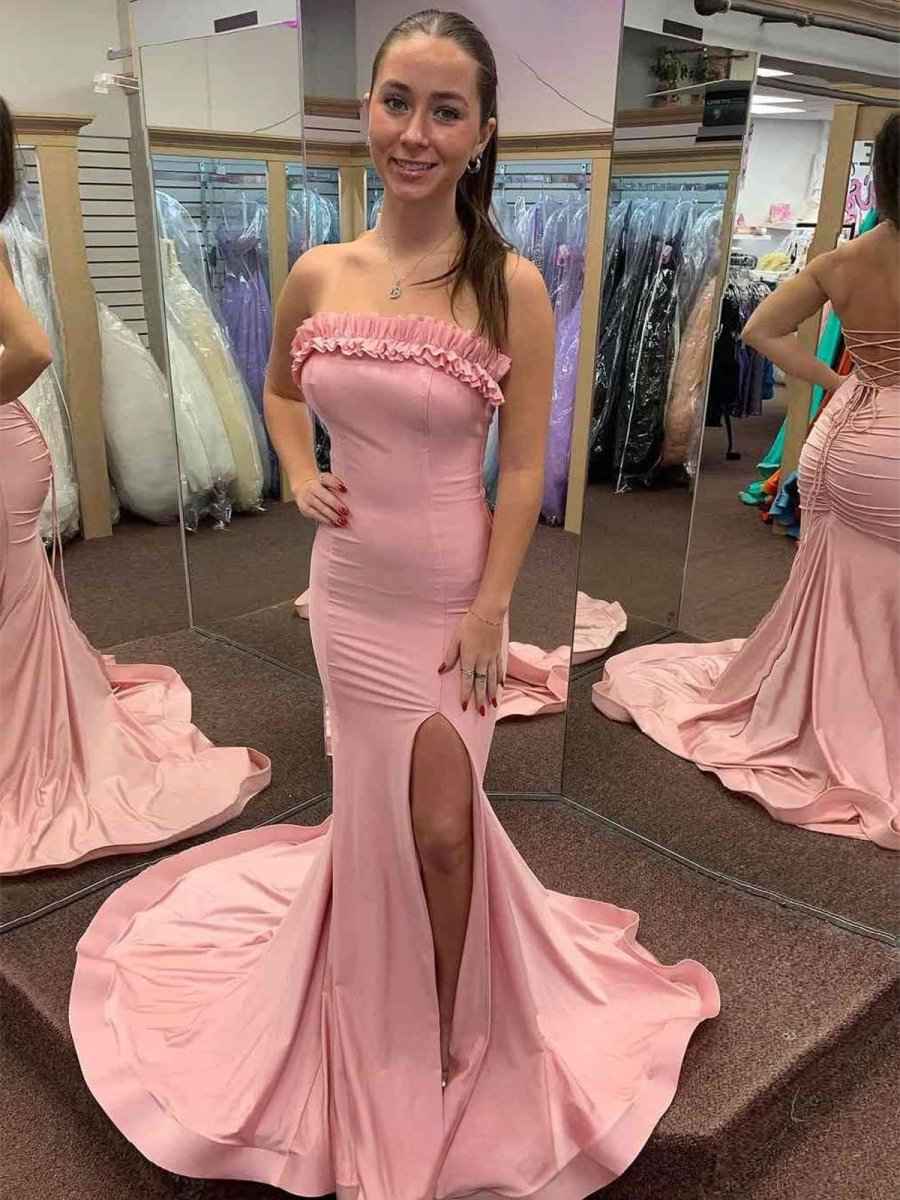 Yellow Mermaid Ruffles Strapless Long Prom Dresses with Slit