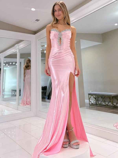 Pink Mermaid Spaghetti Straps V Neck Beaded Long Prom Dress with Slit BMBRIDE