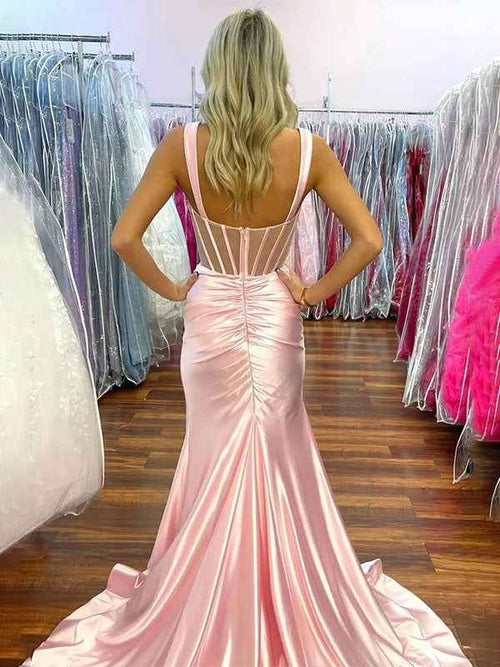 Pink Mermaid Square Neck Satin Pleated Long Prom Dress with Slit BMBRIDE