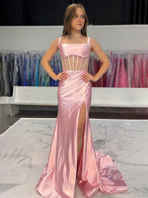 Pink Mermaid Square Neck Satin Pleated Long Prom Dress with Slit BMBRIDE