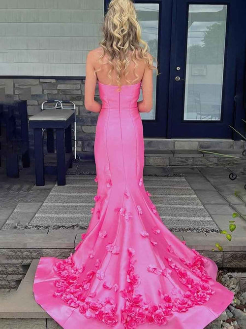Pink Mermaid Strapless Sleeveless Long Prom Dress with Appliques BMBRIDE