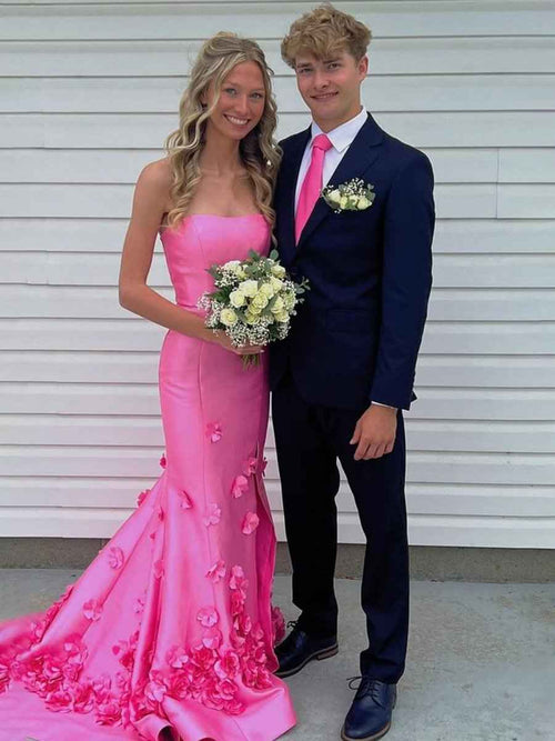 Pink Mermaid Strapless Sleeveless Long Prom Dress with Appliques BMBRIDE
