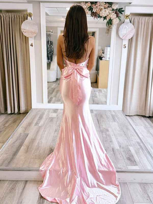 Pink Mermaid Sweetheart Satin Long Prom Dress with Beading BMBRIDE