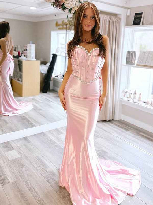 Pink Mermaid Sweetheart Satin Long Prom Dress with Beading BMBRIDE