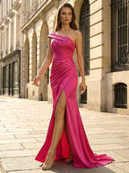 Fuchsia One-Shoulder Satin Prom Gown with Ruched Slit Skirt