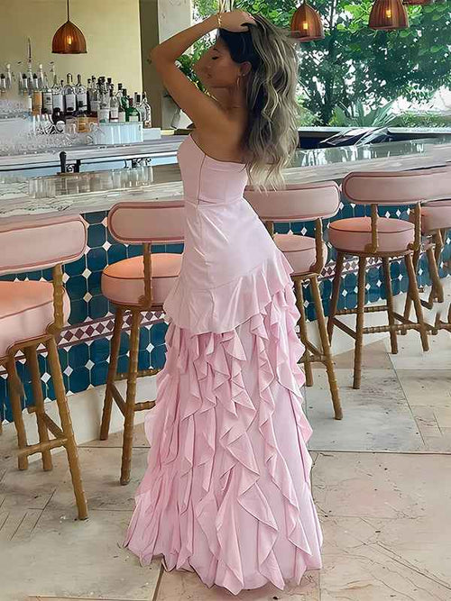 Pink Sheath Strapless Tiered Long Chiffon Prom Dress BMBRIDE