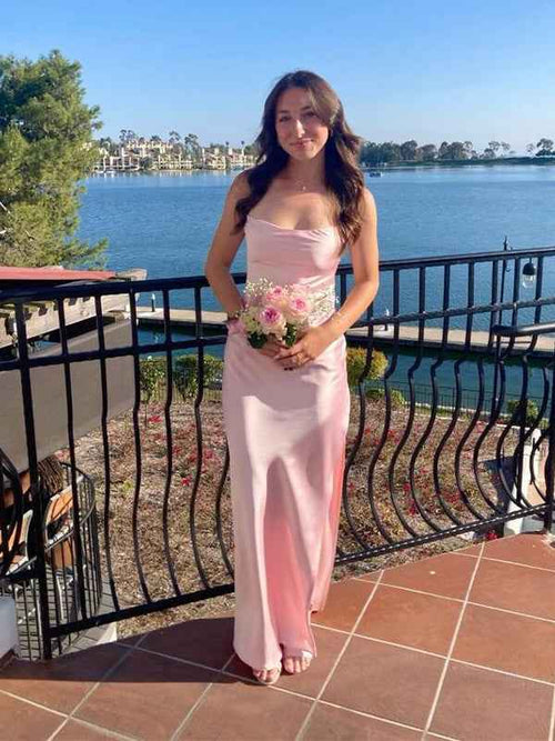 Pink Spaghetti Straps Fitted Long Prom Party Dress with Slit BMBRIDE