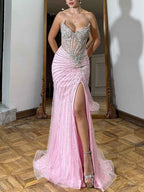 Pink Strapless Crystal Corset Long Prom Dress with High Slit