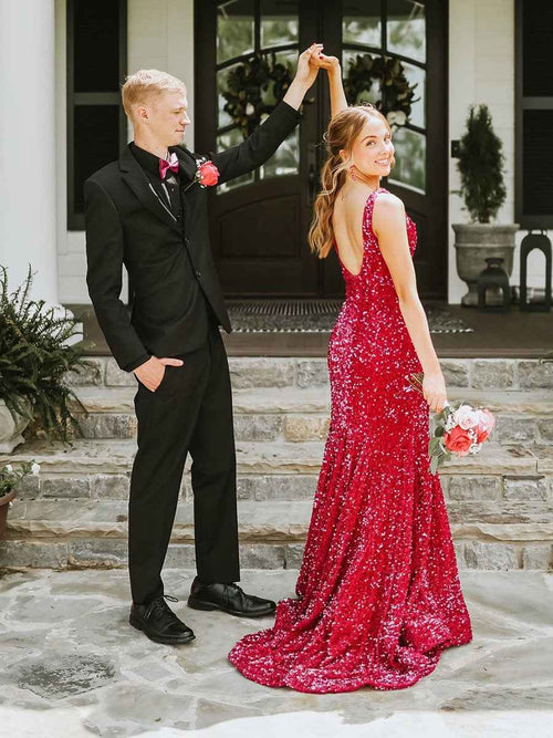 Plunge Neck Sequin Mermaid Long Prom Dress BMBRIDE