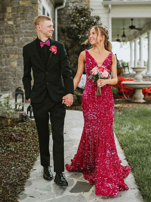 Plunge Neck Sequin Mermaid Long Prom Dress BMBRIDE