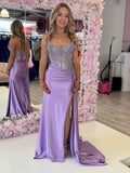Plunging Crystal Corset Bodice Satin Prom Dress with Slit