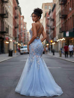 Plunging V-Neck Tulle Mermaid Prom Dress with Floral Embroidery