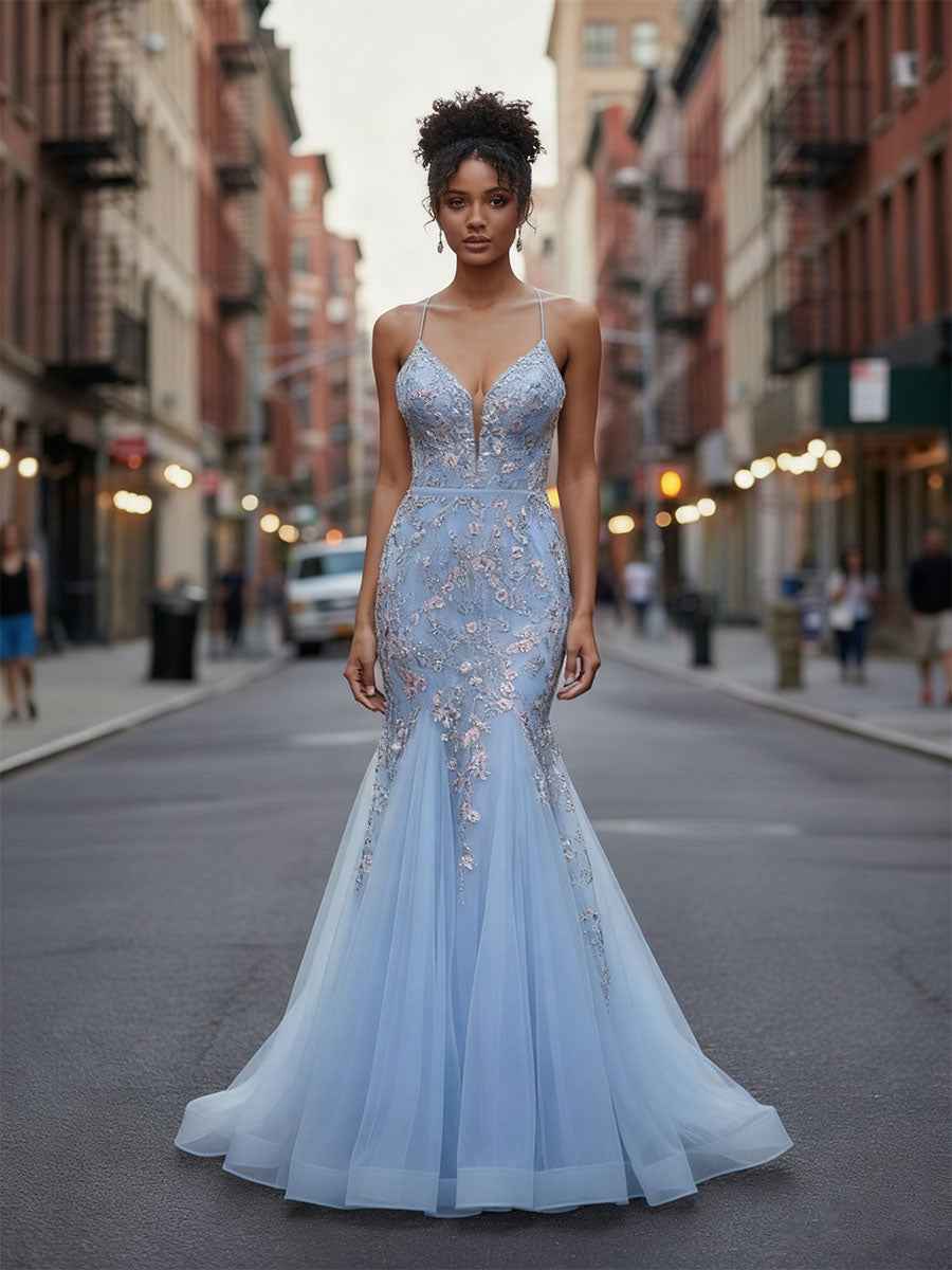 Plunging V-Neck Tulle Mermaid Prom Dress with Floral Embroidery