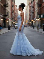 Plunging V-Neck Tulle Mermaid Prom Dress with Floral Embroidery