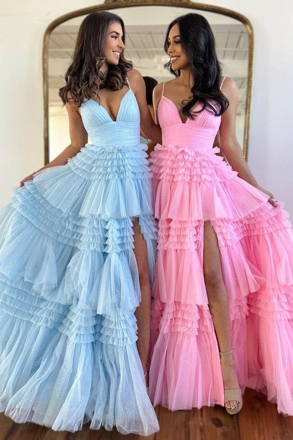 Timeless A-Line Spaghetti Straps Long Tiered Tulle Prom Dress With Split BM bride