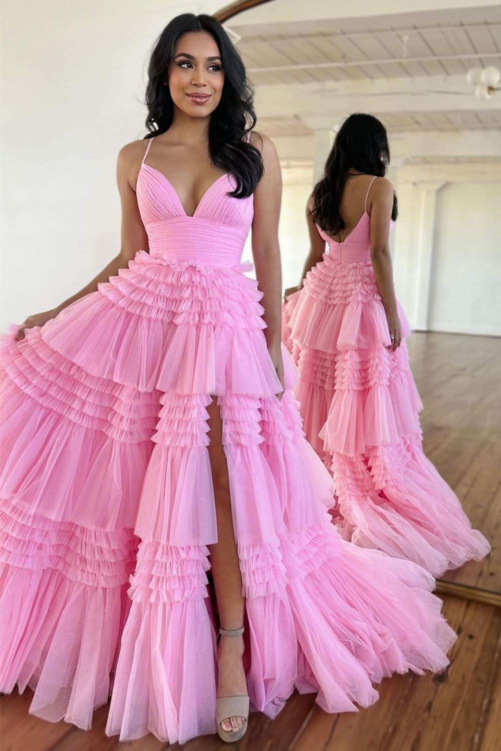 Timeless A-Line Spaghetti Straps Long Tiered Tulle Prom Dress With Split BM bride