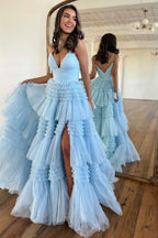 Timeless A-Line Spaghetti Straps Long Tiered Tulle Prom Dress With Split BM bride