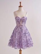 Strapless Sweetheart Short Cocktail Dress with Lavender Floral Embroidery BM bride