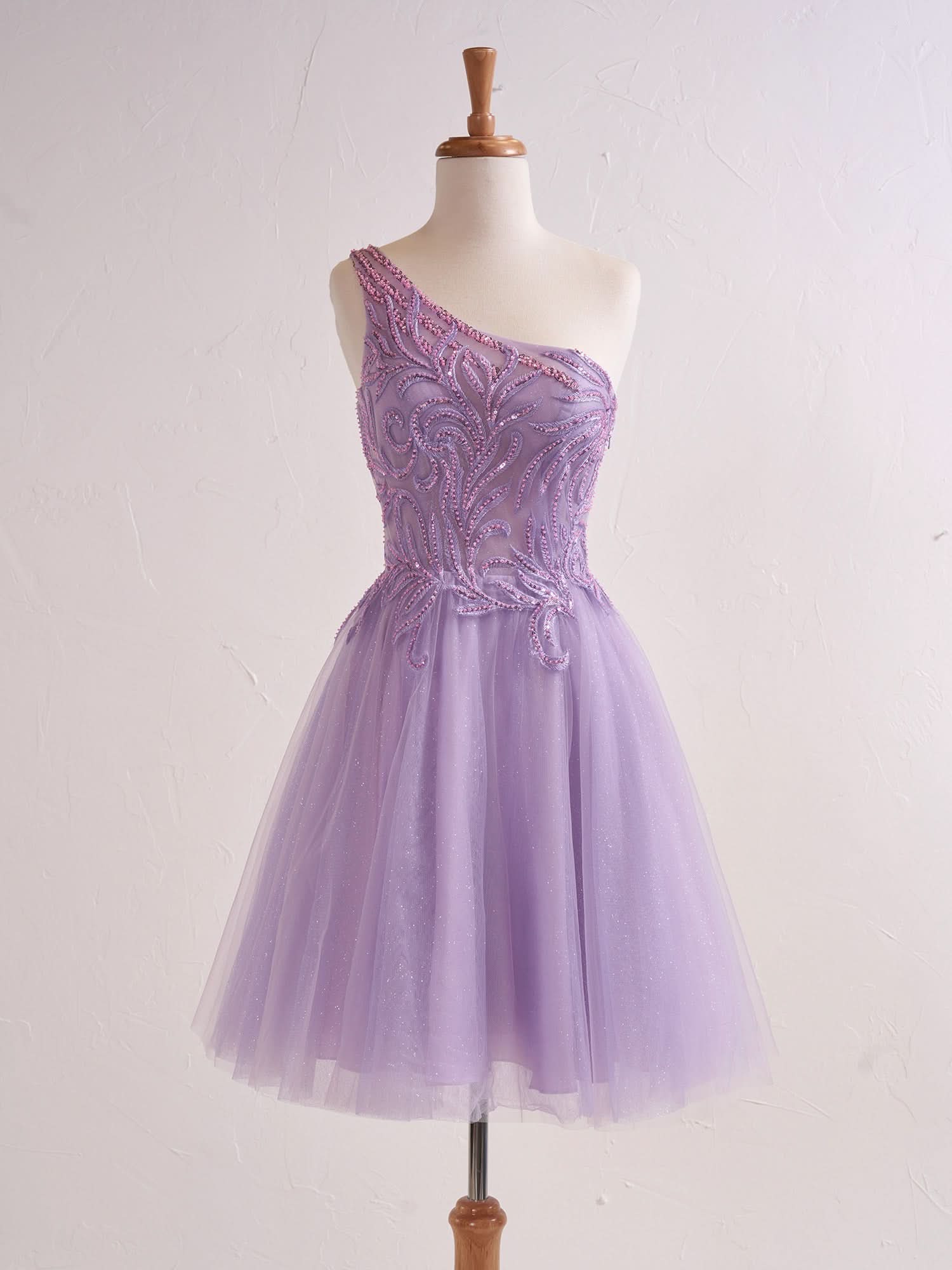 Charming One Shoulder A-Line Lilac Short Homecoming Dress with Appliques BM bride