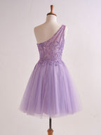 Charming One Shoulder A-Line Lilac Short Homecoming Dress with Appliques BM bride