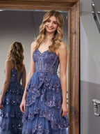 Elegant A-Line Lace Off-the-Shoulder Tiered Long Prom Dress with Slit BM bride