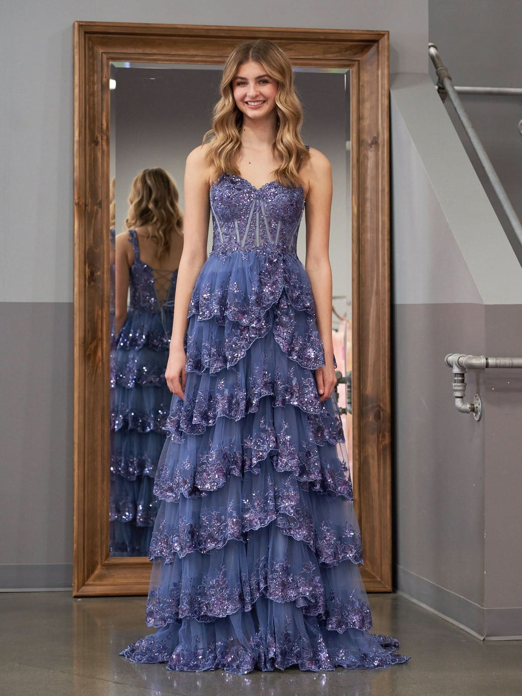 Elegant A-Line Lace Off-the-Shoulder Tiered Long Prom Dress with Slit BM bride