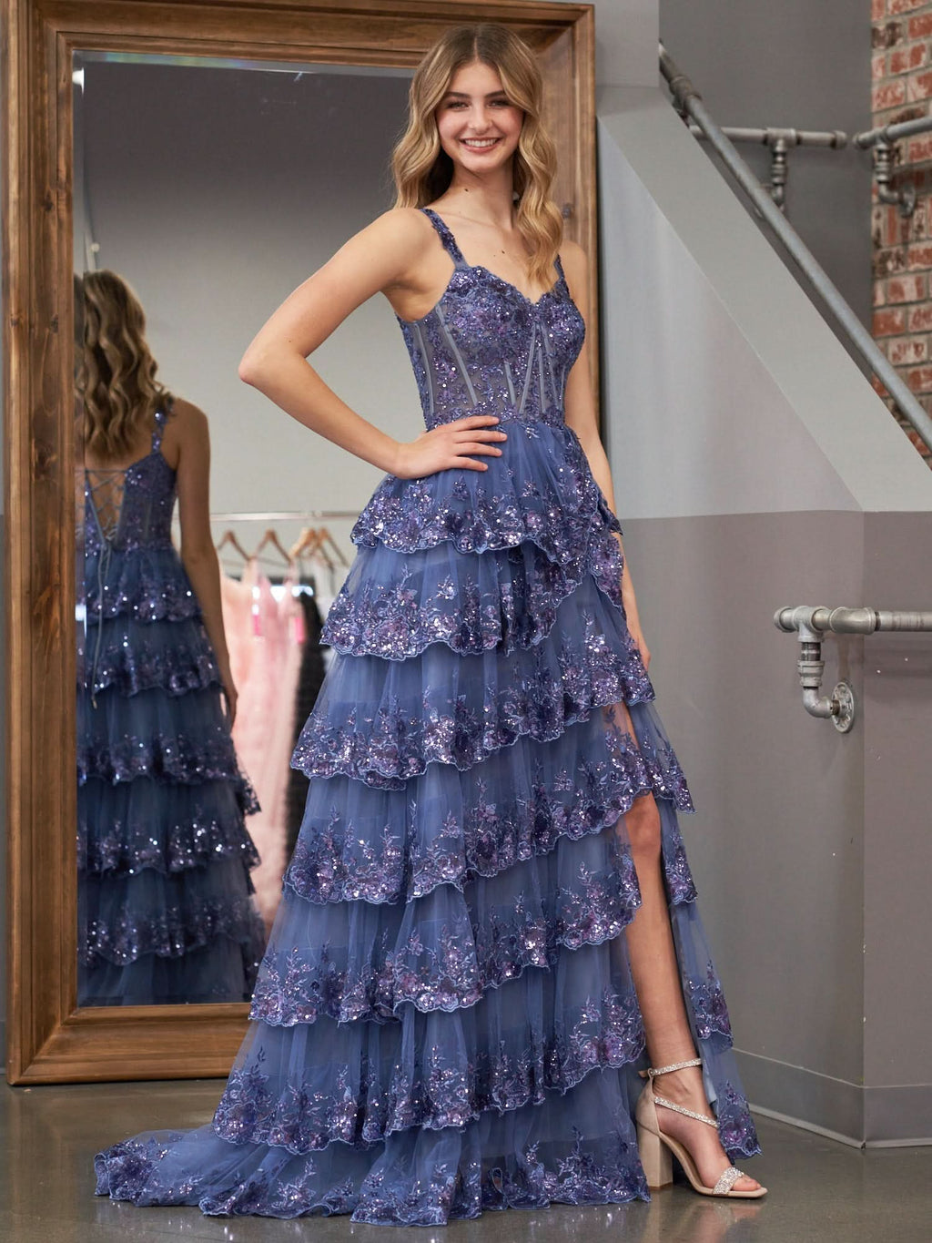 Elegant A-Line Lace Off-the-Shoulder Tiered Long Prom Dress with Slit BM bride