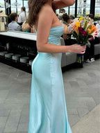 Yellow Strapless Knot Front Satin Fitted Long Prom Party Dress