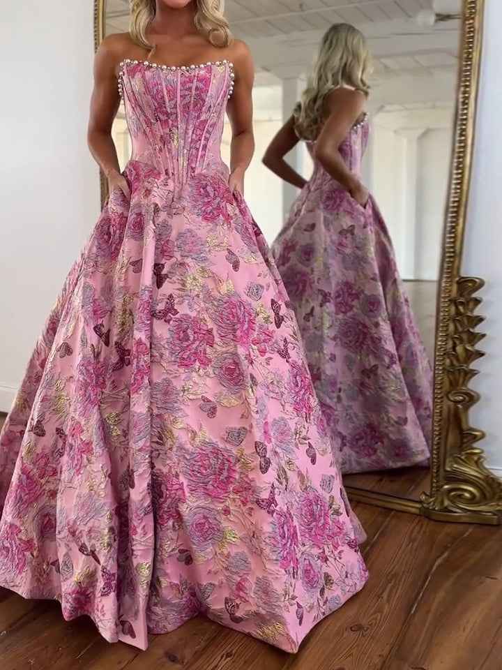 A Line Prom Dresses 3D Floral Strapless Evening Party Dresses with Bead
