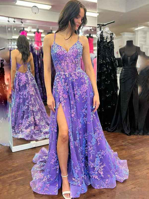 Purple A Line Spaghetti Straps V-Neck Lace Appliques Prom Dress with Slit BMBRIDE