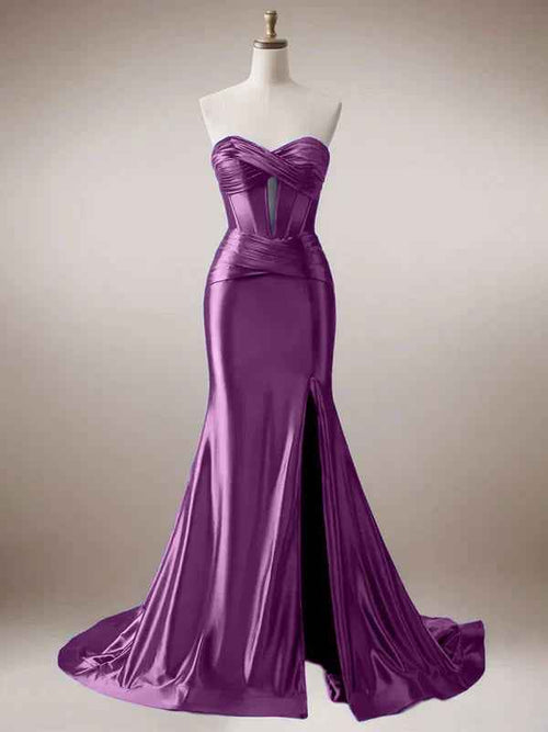 Purple Mermaid Strapless Sweetheart Corset Long Prom Dress with Slit BMBRIDE