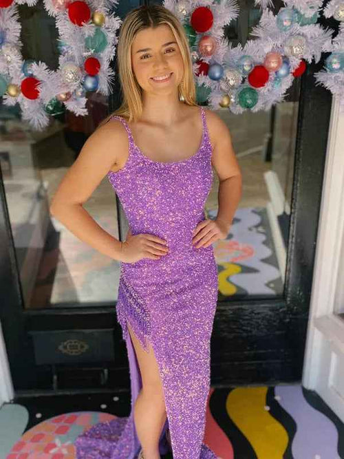 Sparkly Purple Mermaid Sequined Long Prom Dress with Slit BMBRIDE