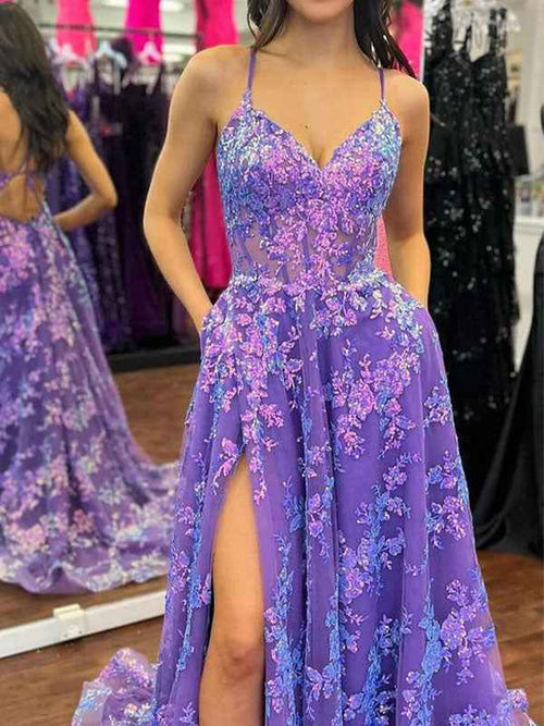 Purple A Line Spaghetti Straps V-Neck Lace Appliques Prom Dress with Slit BMBRIDE