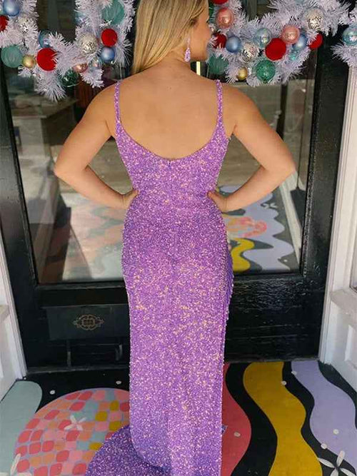 Sparkly Purple Mermaid Sequined Long Prom Dress with Slit BMBRIDE