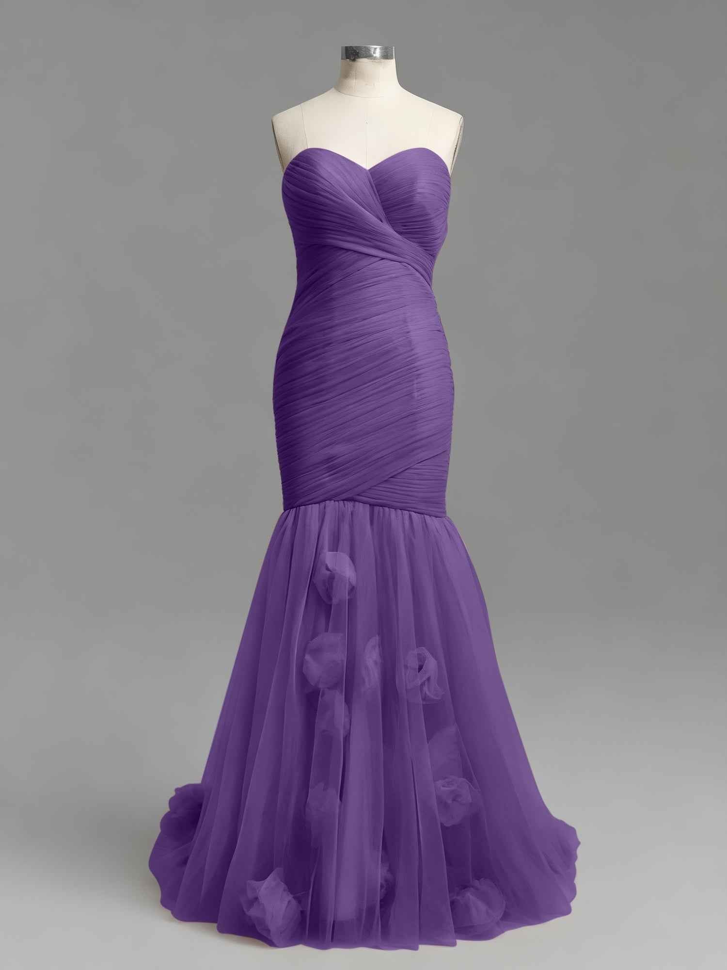 Dusty Rose Mermaid Strapless Ruched Tulle Prom Dress with 3D Floral