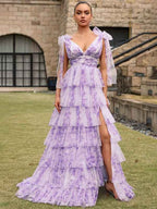 Purple Floral A Line V Neck Long Pleated Prom Dress With Slit