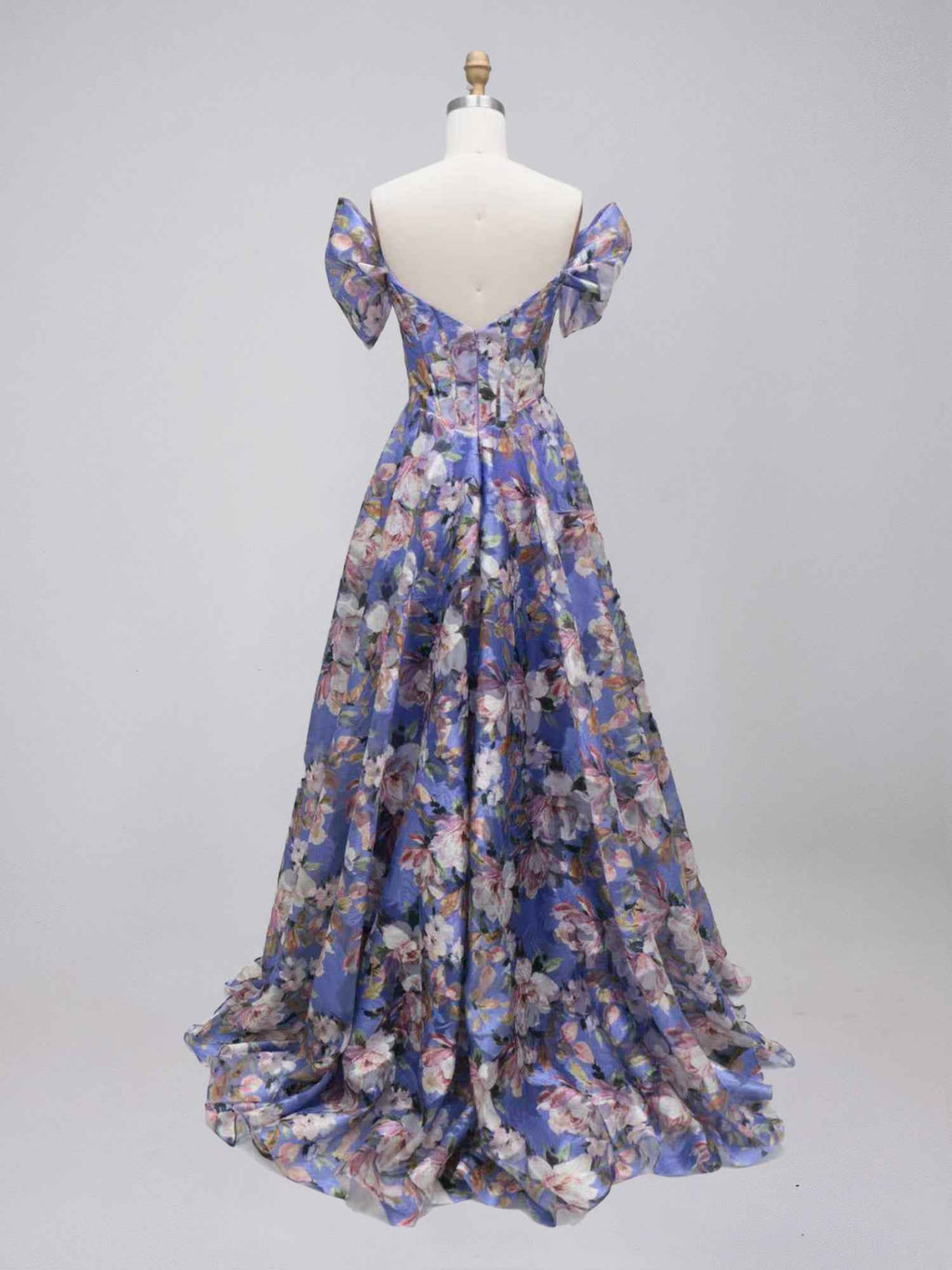 Purple Floral Print Off-the-Shoulder A-Line Prom Dress with Corset Bodice