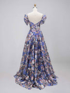 Purple Floral Print Off-the-Shoulder A-Line Prom Dress with Corset Bodice