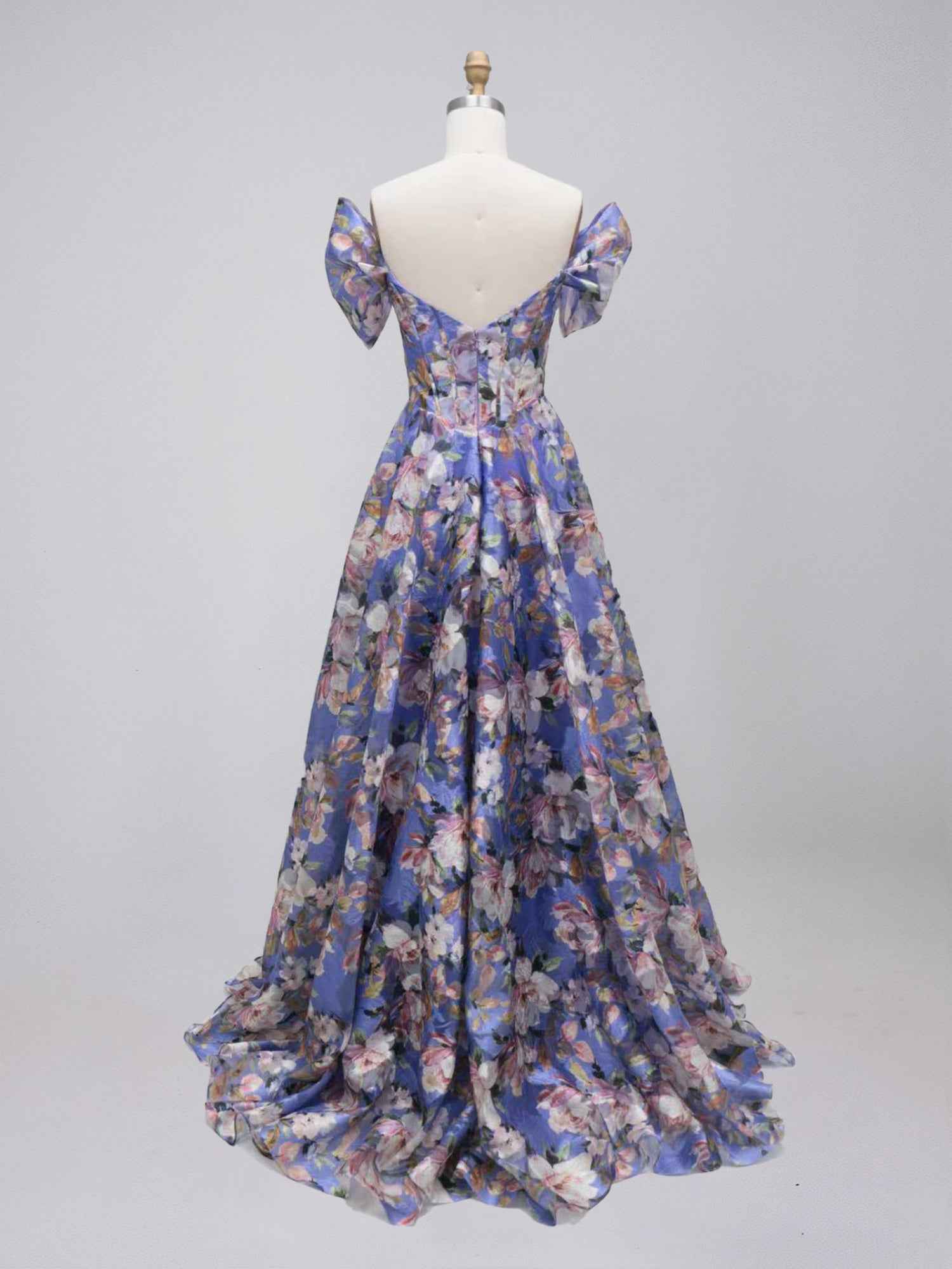 Purple Floral Print Off-the-Shoulder A-Line Prom Dress with Corset Bodice
