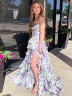 Purple Floral Print Strapless Tiered Ruffles Corset Prom Dress with Slit