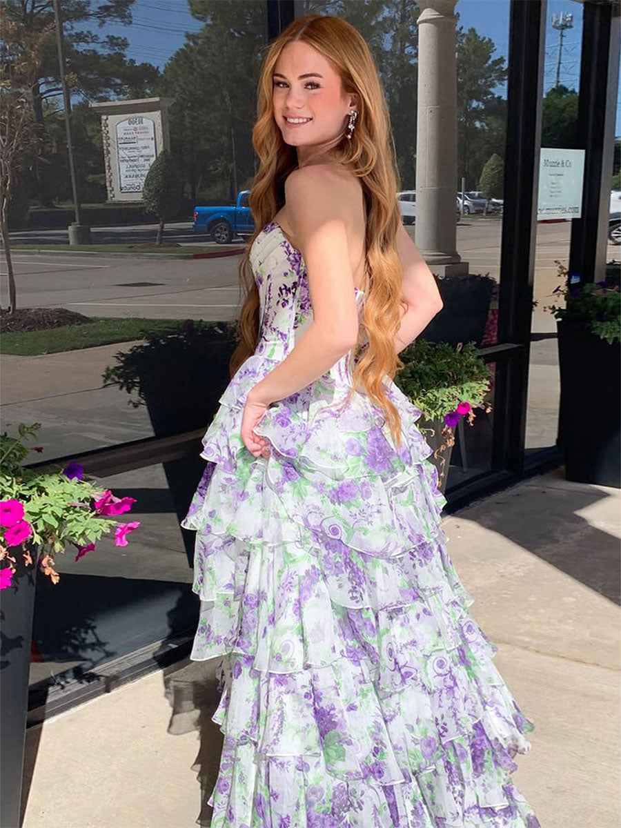 A Line Sweetheart Floral Chiffon Tiered Prom Dress with Slit