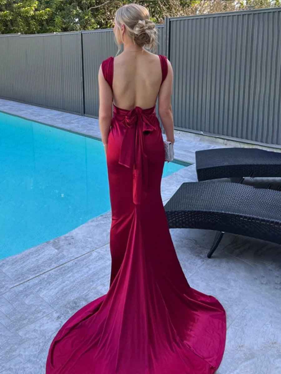 Purple Mermaid Straps Satin Pleated Long Prom Dress with Train