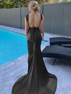 Purple Mermaid Straps Satin Pleated Long Prom Dress with Train