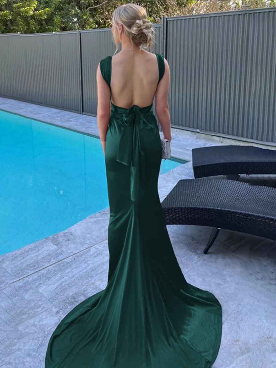 Purple Mermaid Straps Satin Pleated Long Prom Dress with Train