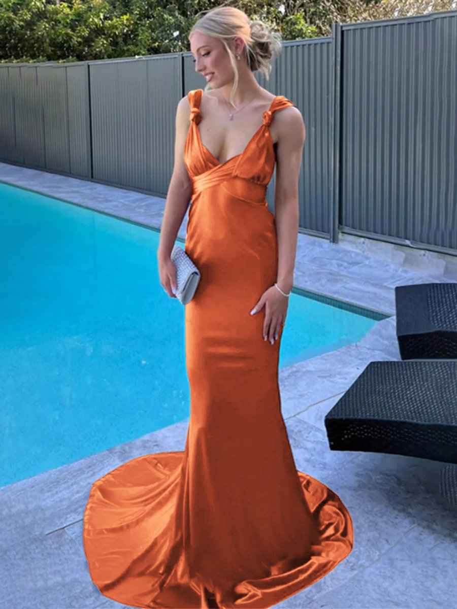 Purple Mermaid Straps Satin Pleated Long Prom Dress with Train