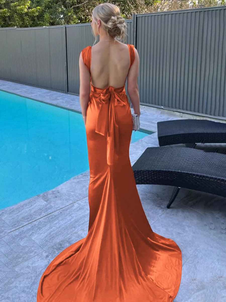 Purple Mermaid Straps Satin Pleated Long Prom Dress with Train