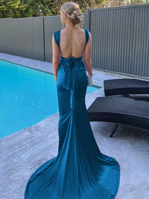 Purple Mermaid Straps Satin Pleated Long Prom Dress with Train BMBRIDE
