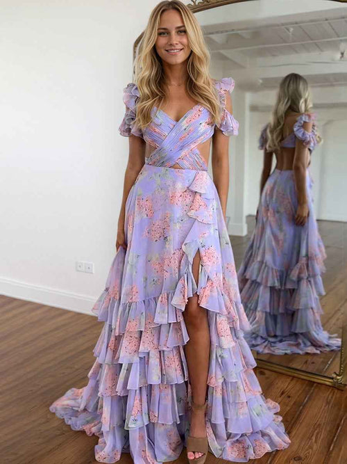 Purple Print A-Line Tiered Long Prom Dress with Slit BMBRIDE