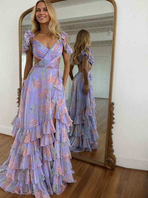 Purple Print A-Line Tiered Long Prom Dress with Slit BMBRIDE