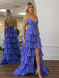 Purple A Line Spaghetti V-Neck Prom Dress with Cascading Ruffles